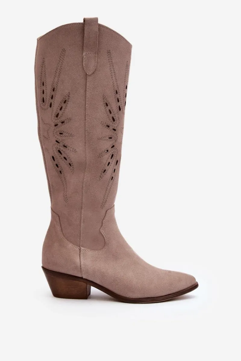 New Zazoo 2909 Zamszowe Kozaki Ażurowe Na Niskim Obcasie Beżowe Beżowy