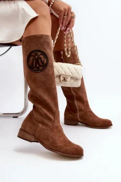 Kozaki Wiosenne|Kozaki Płaskie></noscript>Zazoo 3367 Zamszowe Kozaki Damskie Przed Kolano Brązowe