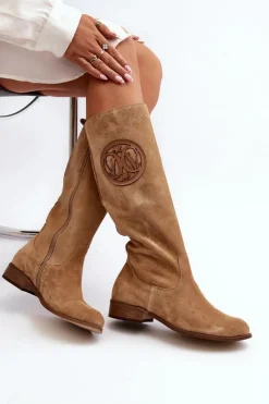 Kozaki Wiosenne|Kozaki Płaskie></noscript>Zazoo 3367 Zamszowe Kozaki Damskie Przed Kolano Beżowe