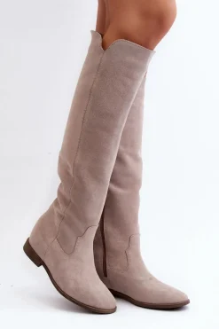 Sale 3407 Zamszowe Kozaki Do Kolana Na Płaskim Obcasie Cappuccino Damskie Kozaki Wiosenne|Kozaki Płaskie