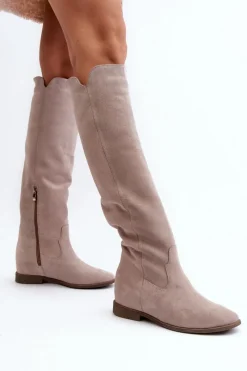 Sale 3407 Zamszowe Kozaki Do Kolana Na Płaskim Obcasie Cappuccino Damskie Kozaki Wiosenne|Kozaki Płaskie