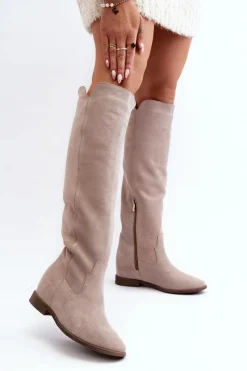 Sale 3407 Zamszowe Kozaki Do Kolana Na Płaskim Obcasie Cappuccino Damskie Kozaki Wiosenne|Kozaki Płaskie