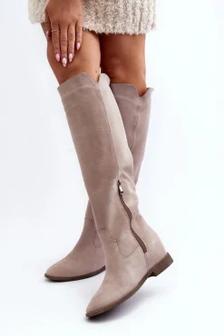 Sale 3407 Zamszowe Kozaki Do Kolana Na Płaskim Obcasie Cappuccino Damskie Kozaki Wiosenne|Kozaki Płaskie