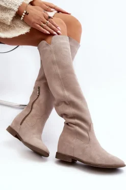 Sale 3407 Zamszowe Kozaki Do Kolana Na Płaskim Obcasie Cappuccino Damskie Kozaki Wiosenne|Kozaki Płaskie