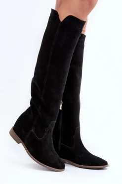 Zazoo 3407 Zamszowe Kozaki Do Kolana Na Płaskim Obcasie Czarne Czarny
