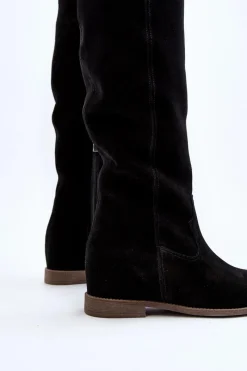 Zazoo 3407 Zamszowe Kozaki Do Kolana Na Płaskim Obcasie Czarne Czarny