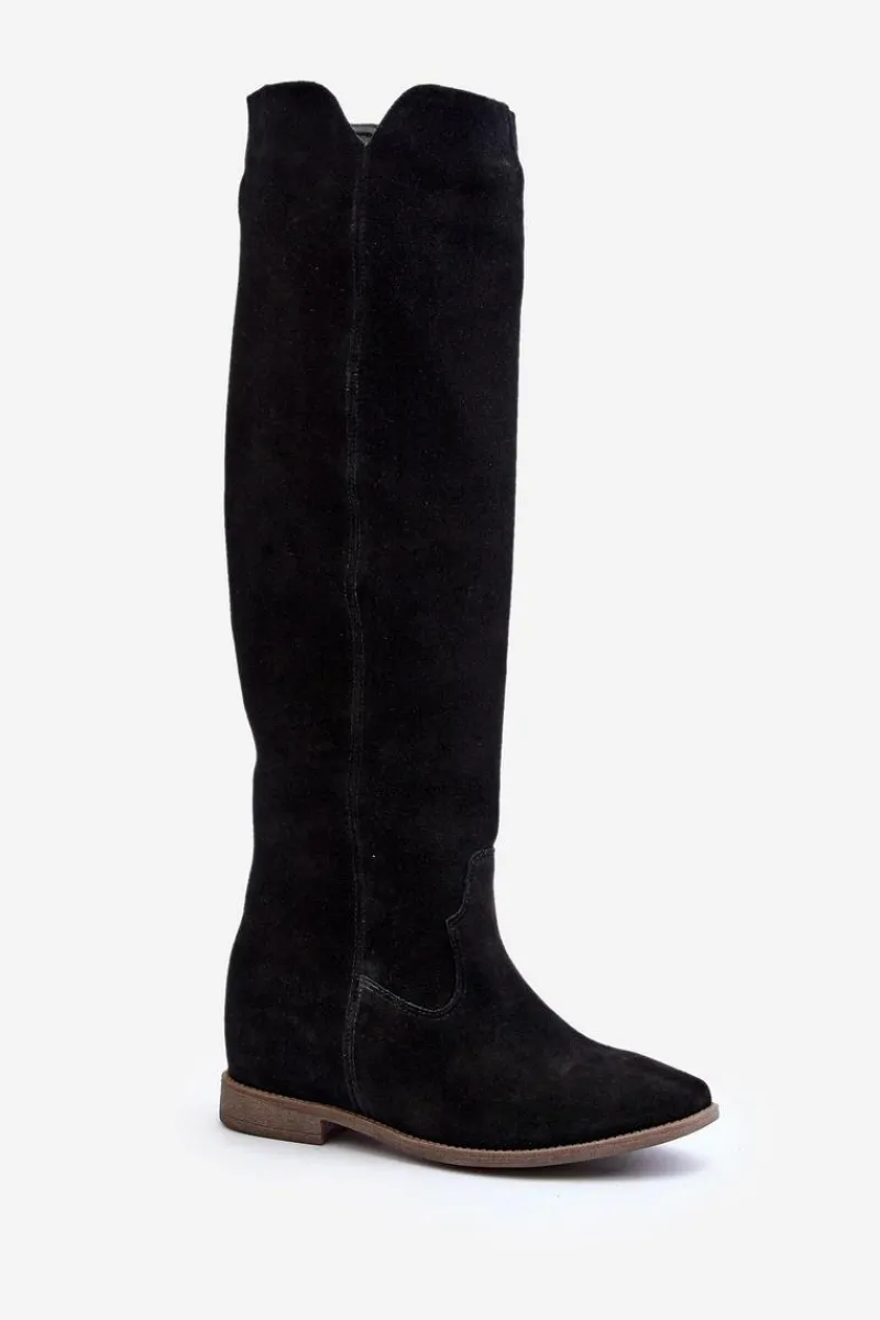 Zazoo 3407 Zamszowe Kozaki Do Kolana Na Płaskim Obcasie Czarne Czarny