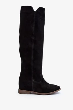 Zazoo 3407 Zamszowe Kozaki Do Kolana Na Płaskim Obcasie Czarne Czarny