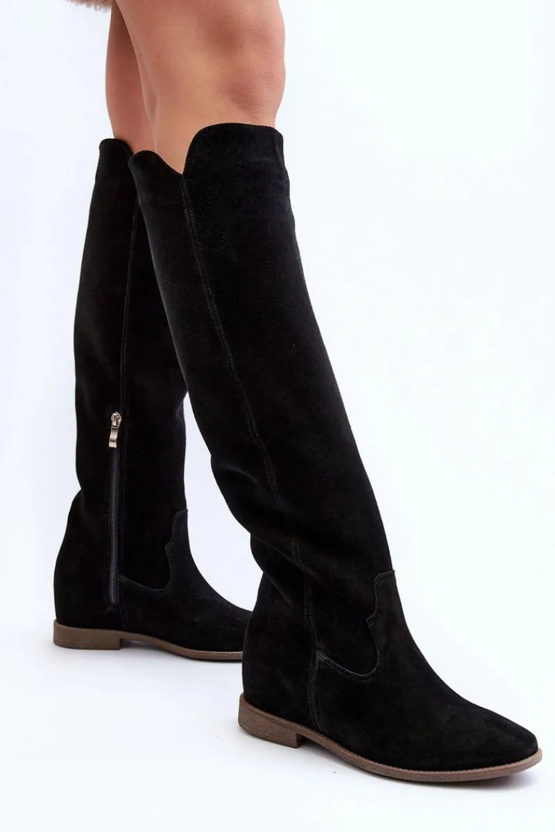 Zazoo 3407 Zamszowe Kozaki Do Kolana Na Płaskim Obcasie Czarne Czarny
