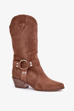 Kozaki Ocieplane|Kozaki Na Słupku></noscript>Zazoo 3669 Zamszowe Kozaki Kowbojki Damskie Do Połowy Łydki Brązowe