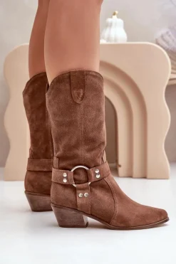 Kozaki Ocieplane|Kozaki Na Słupku></noscript>Zazoo 3669 Zamszowe Kozaki Kowbojki Damskie Do Połowy Łydki Brązowe