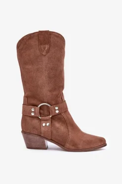 Kozaki Ocieplane|Kozaki Na Słupku></noscript>Zazoo 3669 Zamszowe Kozaki Kowbojki Damskie Do Połowy Łydki Brązowe