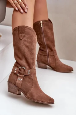 Kozaki Ocieplane|Kozaki Na Słupku></noscript>Zazoo 3669 Zamszowe Kozaki Kowbojki Damskie Do Połowy Łydki Brązowe