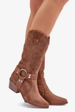 Kozaki Ocieplane|Kozaki Na Słupku></noscript>Zazoo 3669 Zamszowe Kozaki Kowbojki Damskie Do Połowy Łydki Brązowe