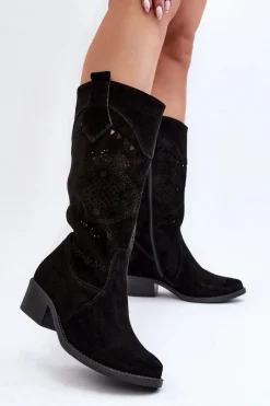 Discount 4043 Zamszowe Kozaki Na Niskim Obcasie Ażurowe Czarne Damskie Kozaki Na Słupku|Kozaki Wiosenne