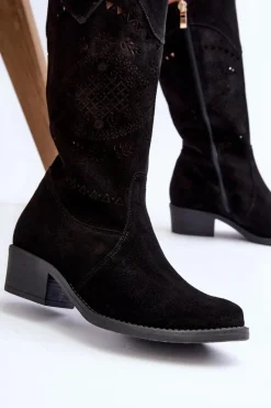 Discount 4043 Zamszowe Kozaki Na Niskim Obcasie Ażurowe Czarne Damskie Kozaki Na Słupku|Kozaki Wiosenne