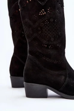 Discount 4043 Zamszowe Kozaki Na Niskim Obcasie Ażurowe Czarne Damskie Kozaki Na Słupku|Kozaki Wiosenne
