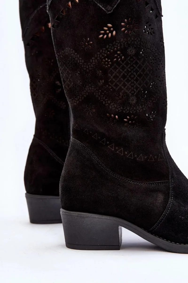 Discount 4043 Zamszowe Kozaki Na Niskim Obcasie Ażurowe Czarne Damskie Kozaki Na Słupku|Kozaki Wiosenne