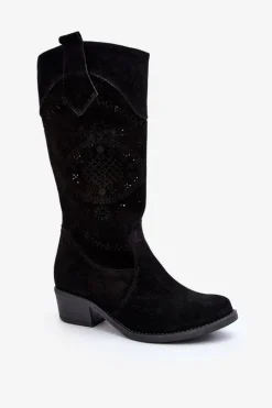Discount 4043 Zamszowe Kozaki Na Niskim Obcasie Ażurowe Czarne Damskie Kozaki Na Słupku|Kozaki Wiosenne