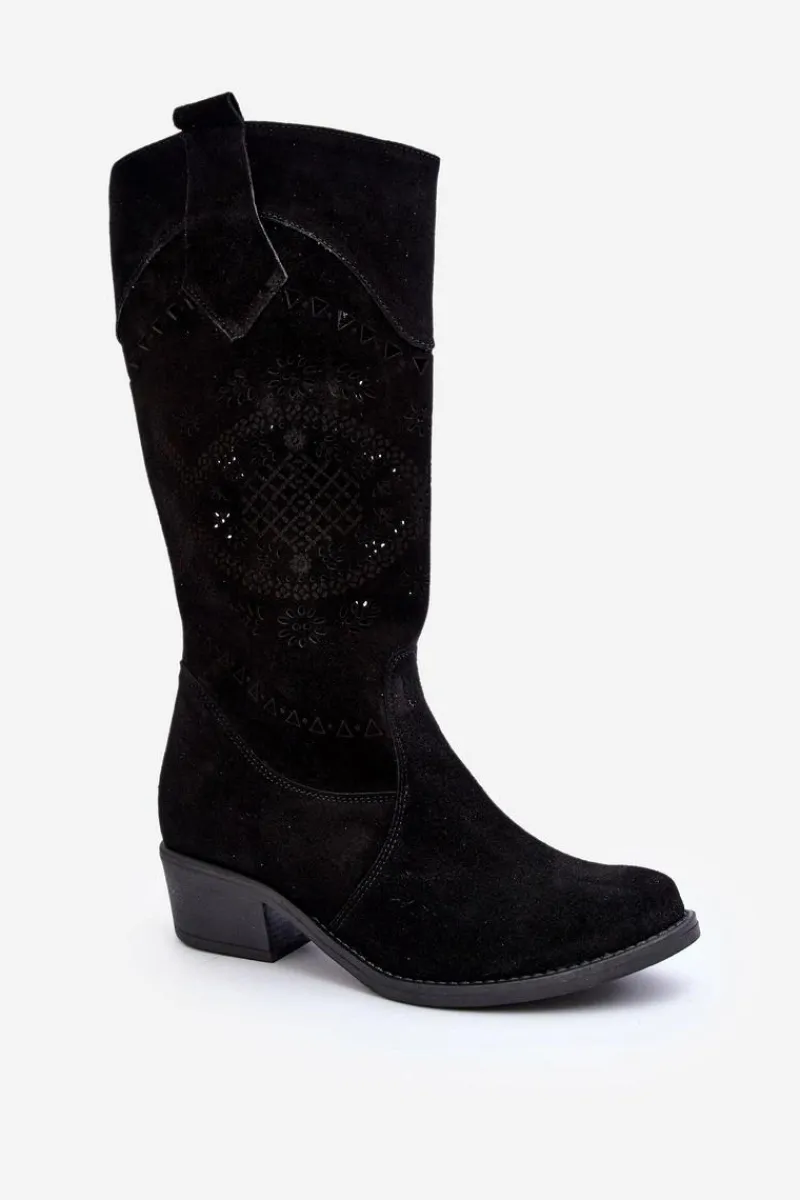 Discount 4043 Zamszowe Kozaki Na Niskim Obcasie Ażurowe Czarne Damskie Kozaki Na Słupku|Kozaki Wiosenne