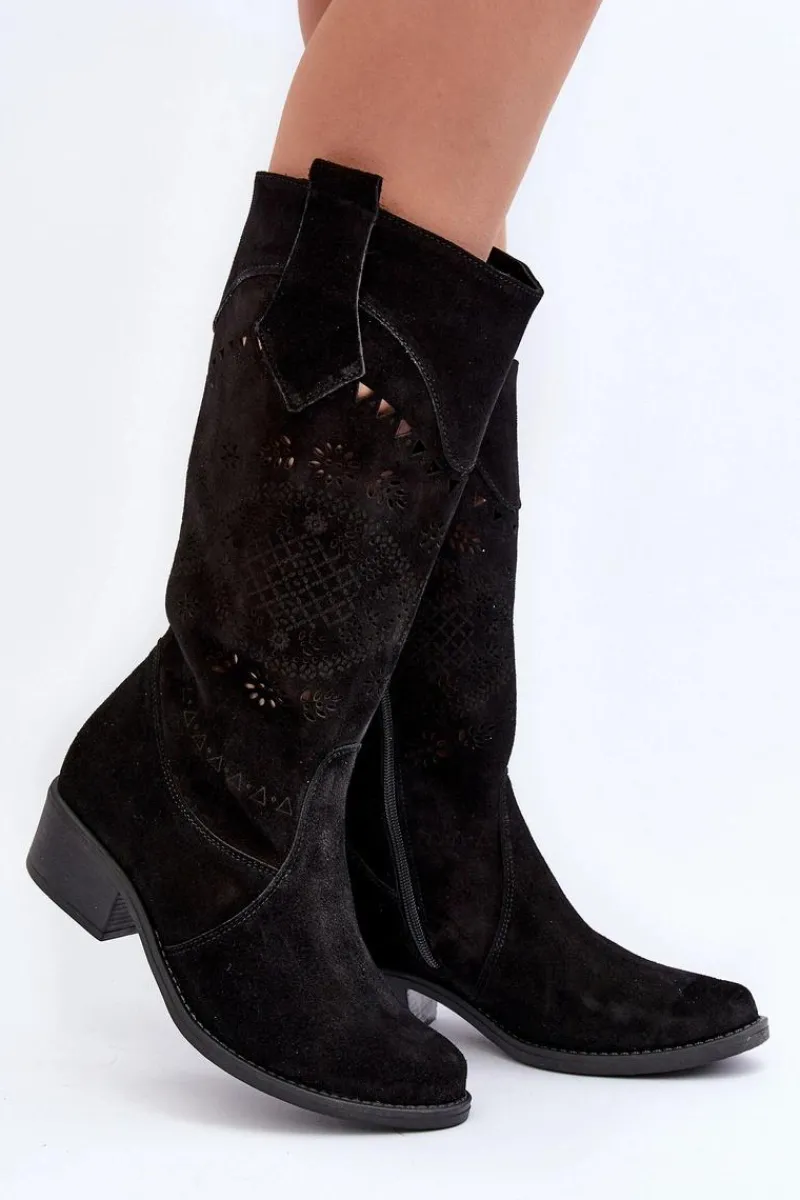 Discount 4043 Zamszowe Kozaki Na Niskim Obcasie Ażurowe Czarne Damskie Kozaki Na Słupku|Kozaki Wiosenne