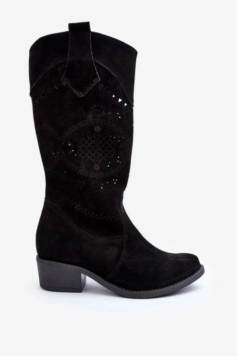 Discount 4043 Zamszowe Kozaki Na Niskim Obcasie Ażurowe Czarne Damskie Kozaki Na Słupku|Kozaki Wiosenne