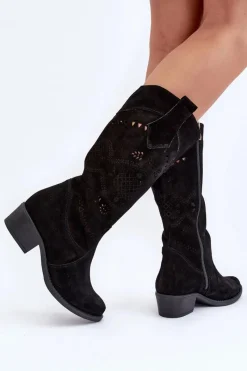 Discount 4043 Zamszowe Kozaki Na Niskim Obcasie Ażurowe Czarne Damskie Kozaki Na Słupku|Kozaki Wiosenne