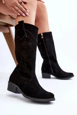Discount 4043 Zamszowe Kozaki Na Niskim Obcasie Ażurowe Czarne Damskie Kozaki Na Słupku|Kozaki Wiosenne