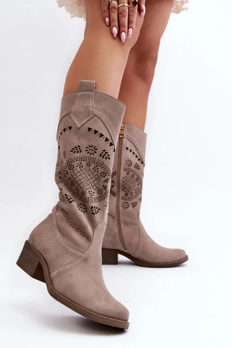 Clearance Zazoo 4043 Zamszowe Kozaki Na Niskim Obcasie Ażurowe Cappucino Beżowy