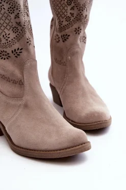 Clearance Zazoo 4043 Zamszowe Kozaki Na Niskim Obcasie Ażurowe Cappucino Beżowy