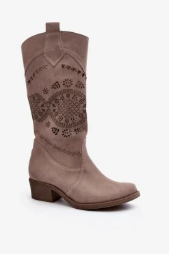 Clearance Zazoo 4043 Zamszowe Kozaki Na Niskim Obcasie Ażurowe Cappucino Beżowy