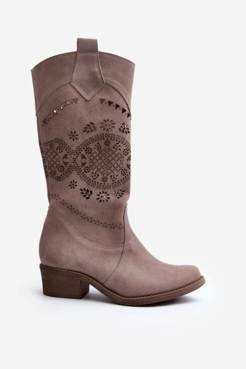 Clearance Zazoo 4043 Zamszowe Kozaki Na Niskim Obcasie Ażurowe Cappucino Beżowy