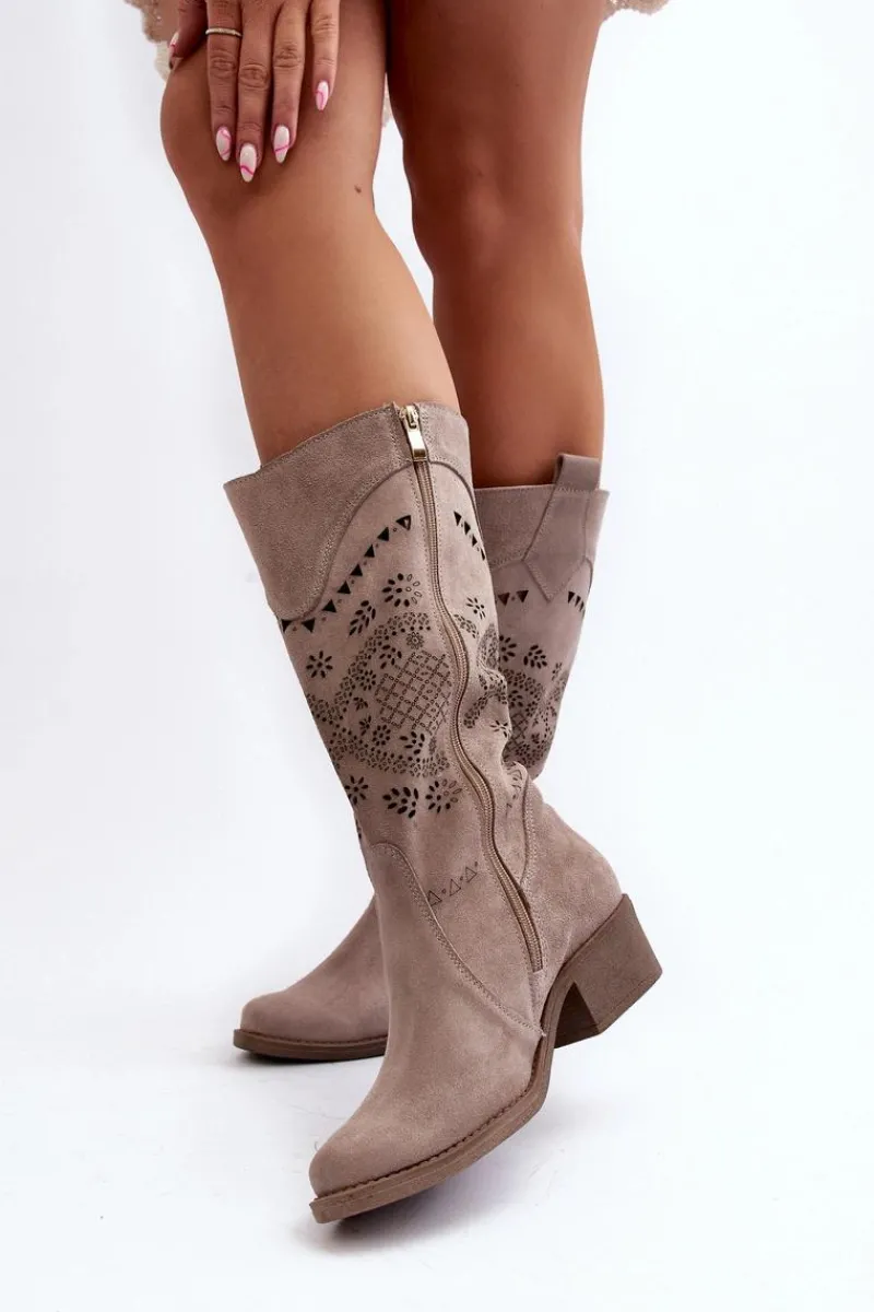 Clearance Zazoo 4043 Zamszowe Kozaki Na Niskim Obcasie Ażurowe Cappucino Beżowy