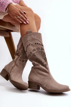 Clearance Zazoo 4043 Zamszowe Kozaki Na Niskim Obcasie Ażurowe Cappucino Beżowy