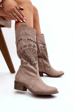 Clearance Zazoo 4043 Zamszowe Kozaki Na Niskim Obcasie Ażurowe Cappucino Beżowy