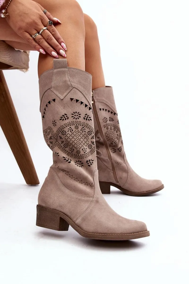 Clearance Zazoo 4043 Zamszowe Kozaki Na Niskim Obcasie Ażurowe Cappucino Beżowy