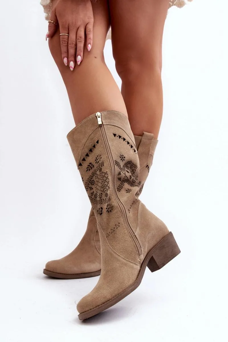 Kozaki Wiosenne|Kozaki Ażurowe>Zazoo 4043 Zamszowe Kozaki Na Niskim Obcasie Ażurowe Beżowe