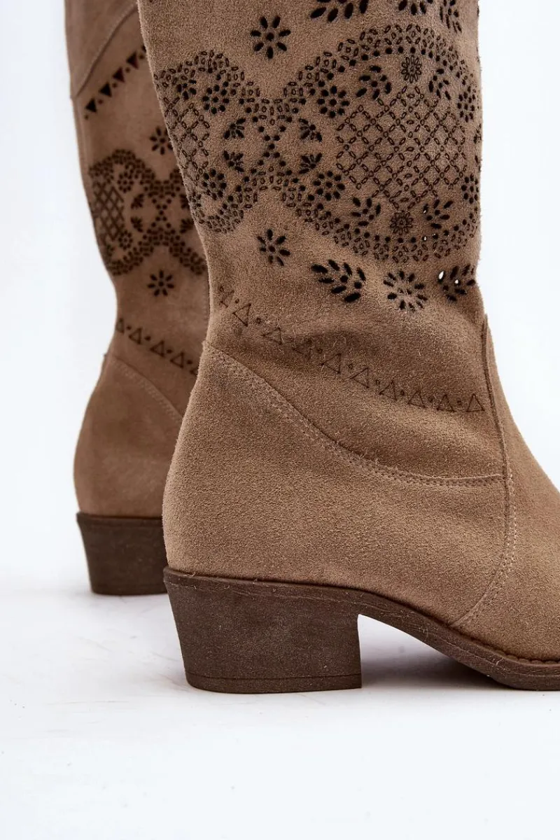 Kozaki Wiosenne|Kozaki Ażurowe>Zazoo 4043 Zamszowe Kozaki Na Niskim Obcasie Ażurowe Beżowe