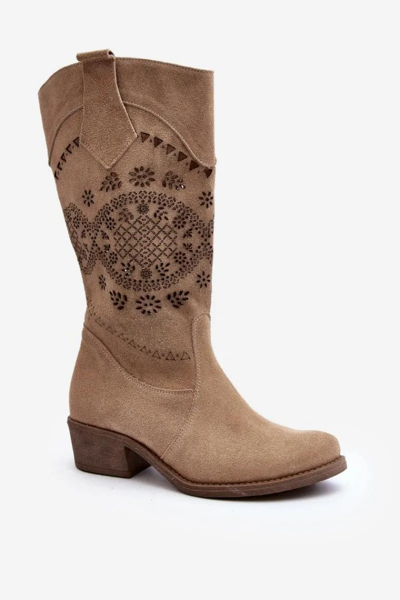 Kozaki Wiosenne|Kozaki Ażurowe>Zazoo 4043 Zamszowe Kozaki Na Niskim Obcasie Ażurowe Beżowe