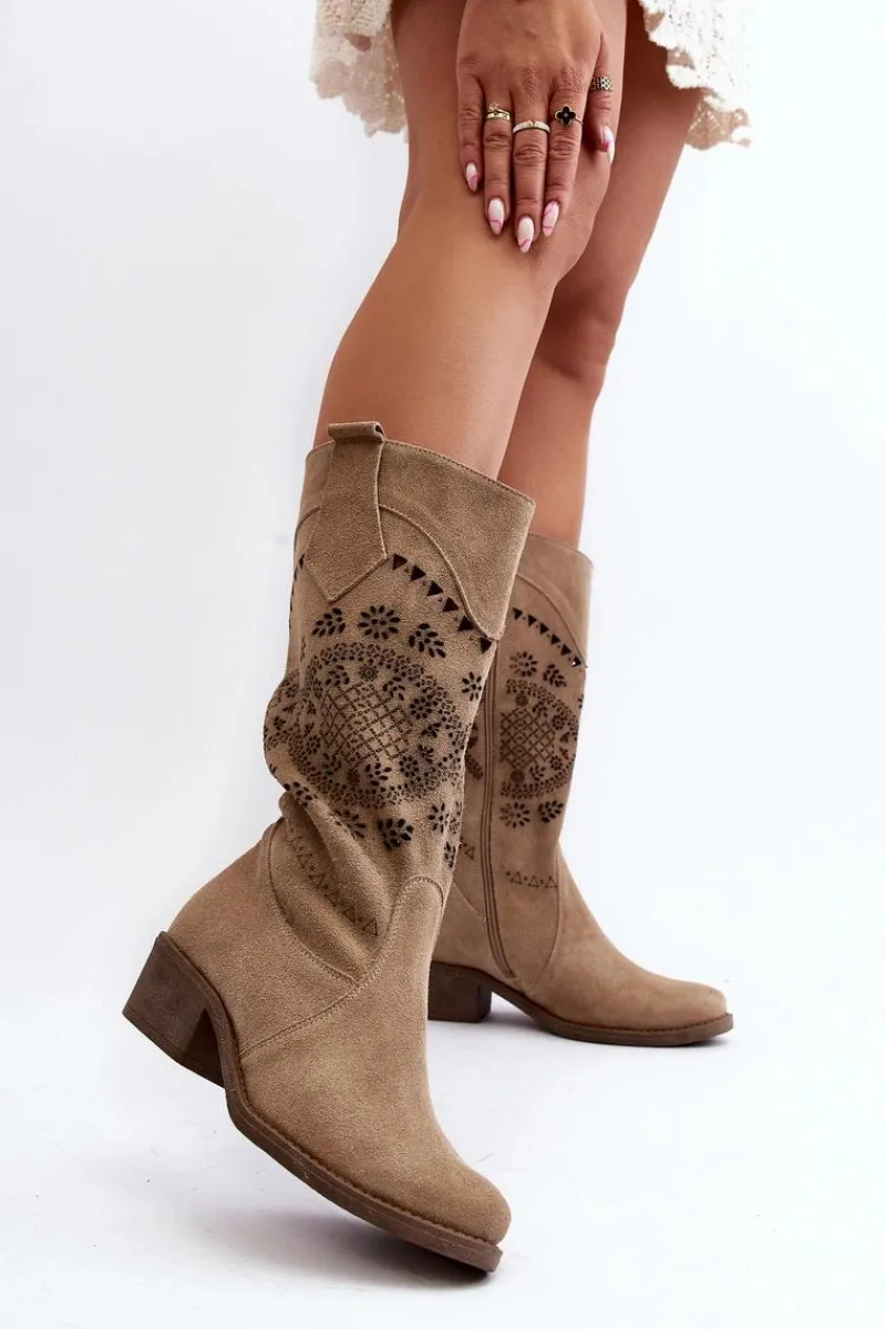 Kozaki Wiosenne|Kozaki Ażurowe>Zazoo 4043 Zamszowe Kozaki Na Niskim Obcasie Ażurowe Beżowe