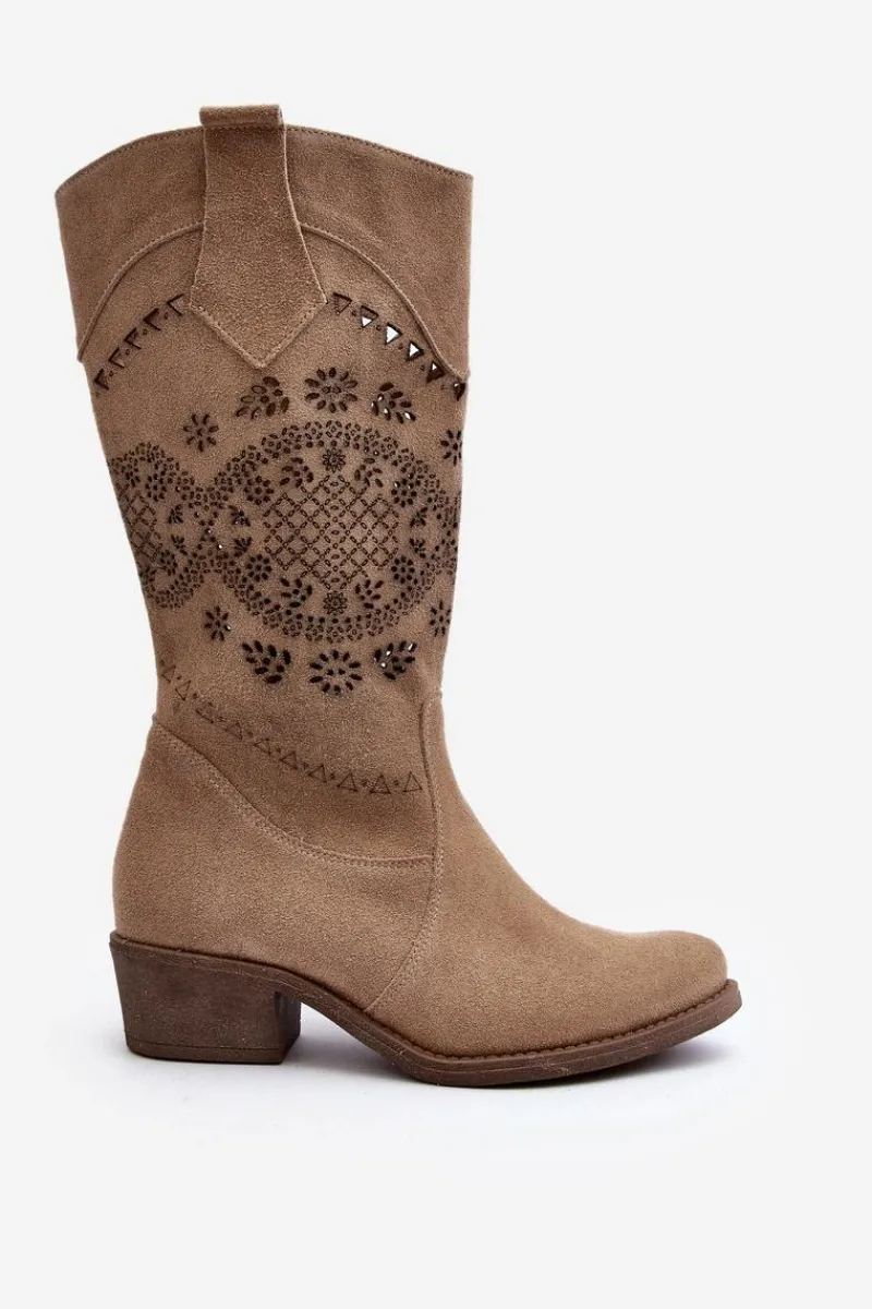 Kozaki Wiosenne|Kozaki Ażurowe>Zazoo 4043 Zamszowe Kozaki Na Niskim Obcasie Ażurowe Beżowe