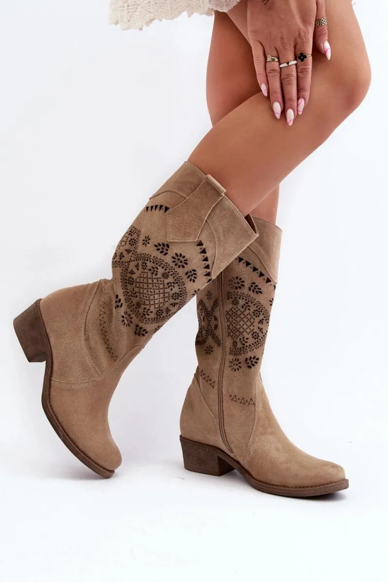Kozaki Wiosenne|Kozaki Ażurowe>Zazoo 4043 Zamszowe Kozaki Na Niskim Obcasie Ażurowe Beżowe