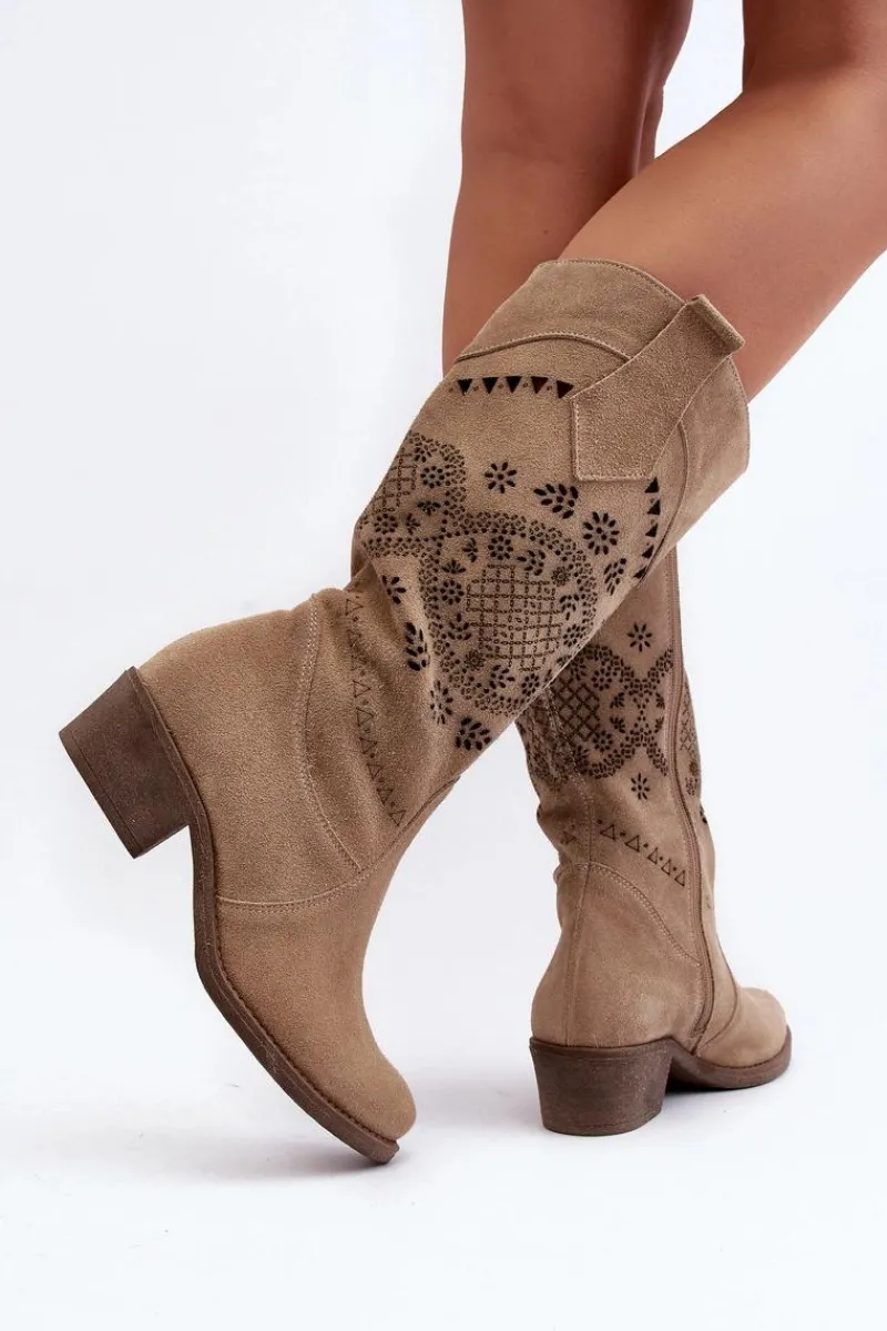 Kozaki Wiosenne|Kozaki Ażurowe>Zazoo 4043 Zamszowe Kozaki Na Niskim Obcasie Ażurowe Beżowe
