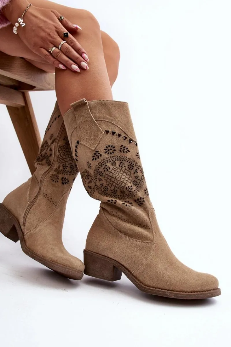 Kozaki Wiosenne|Kozaki Ażurowe>Zazoo 4043 Zamszowe Kozaki Na Niskim Obcasie Ażurowe Beżowe
