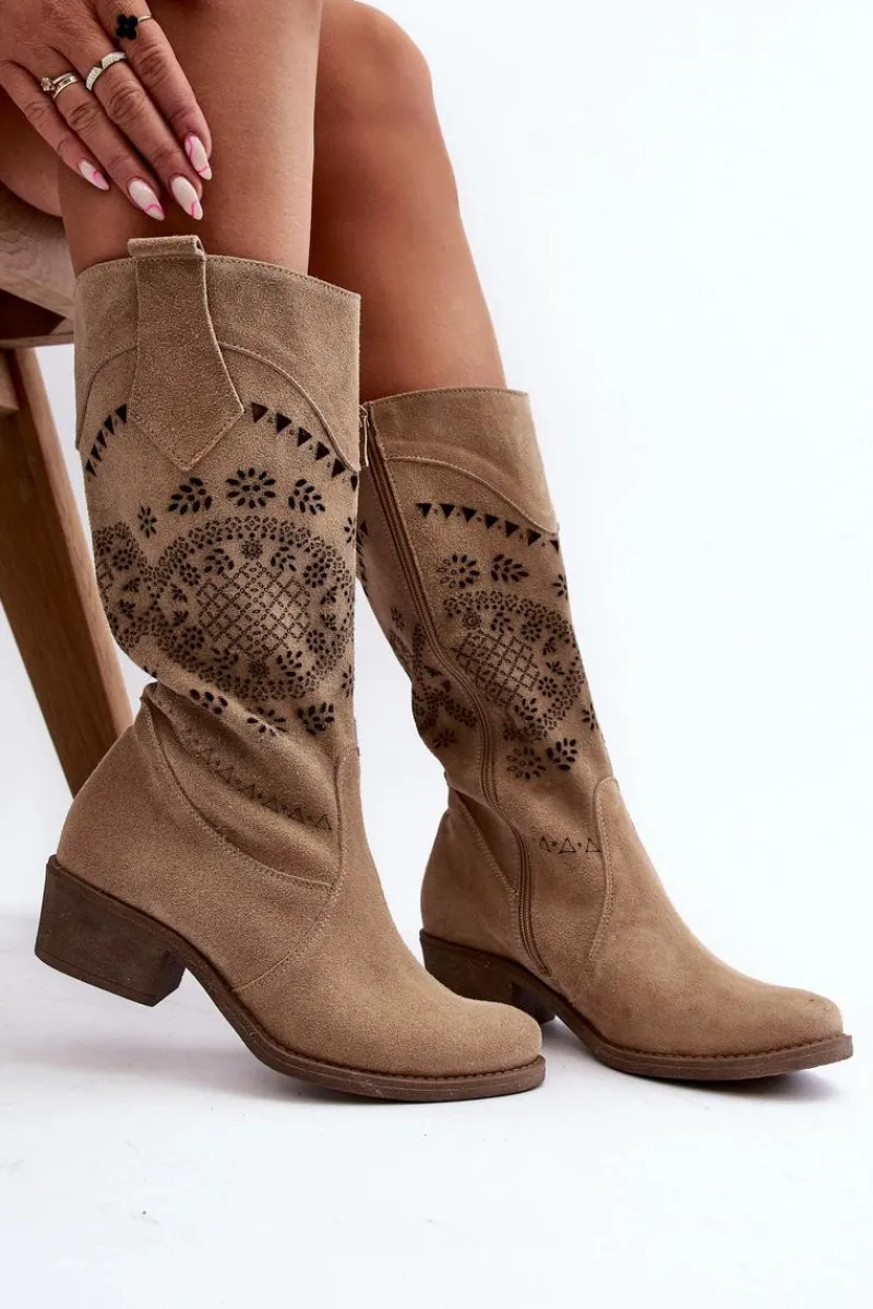 Kozaki Wiosenne|Kozaki Ażurowe>Zazoo 4043 Zamszowe Kozaki Na Niskim Obcasie Ażurowe Beżowe