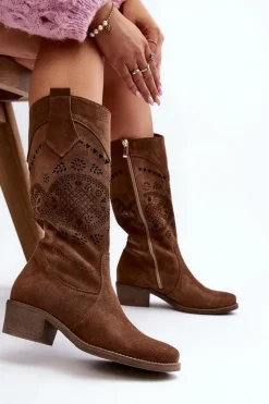 Sale 4043 Zamszowe Kozaki Na Niskim Obcasie Ażurowe Brązowe Damskie Kozaki Wiosenne|Kozaki Ażurowe