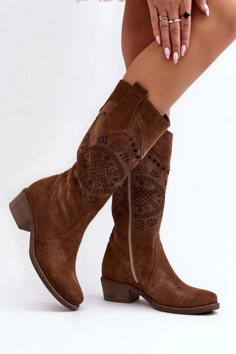 Sale 4043 Zamszowe Kozaki Na Niskim Obcasie Ażurowe Brązowe Damskie Kozaki Wiosenne|Kozaki Ażurowe