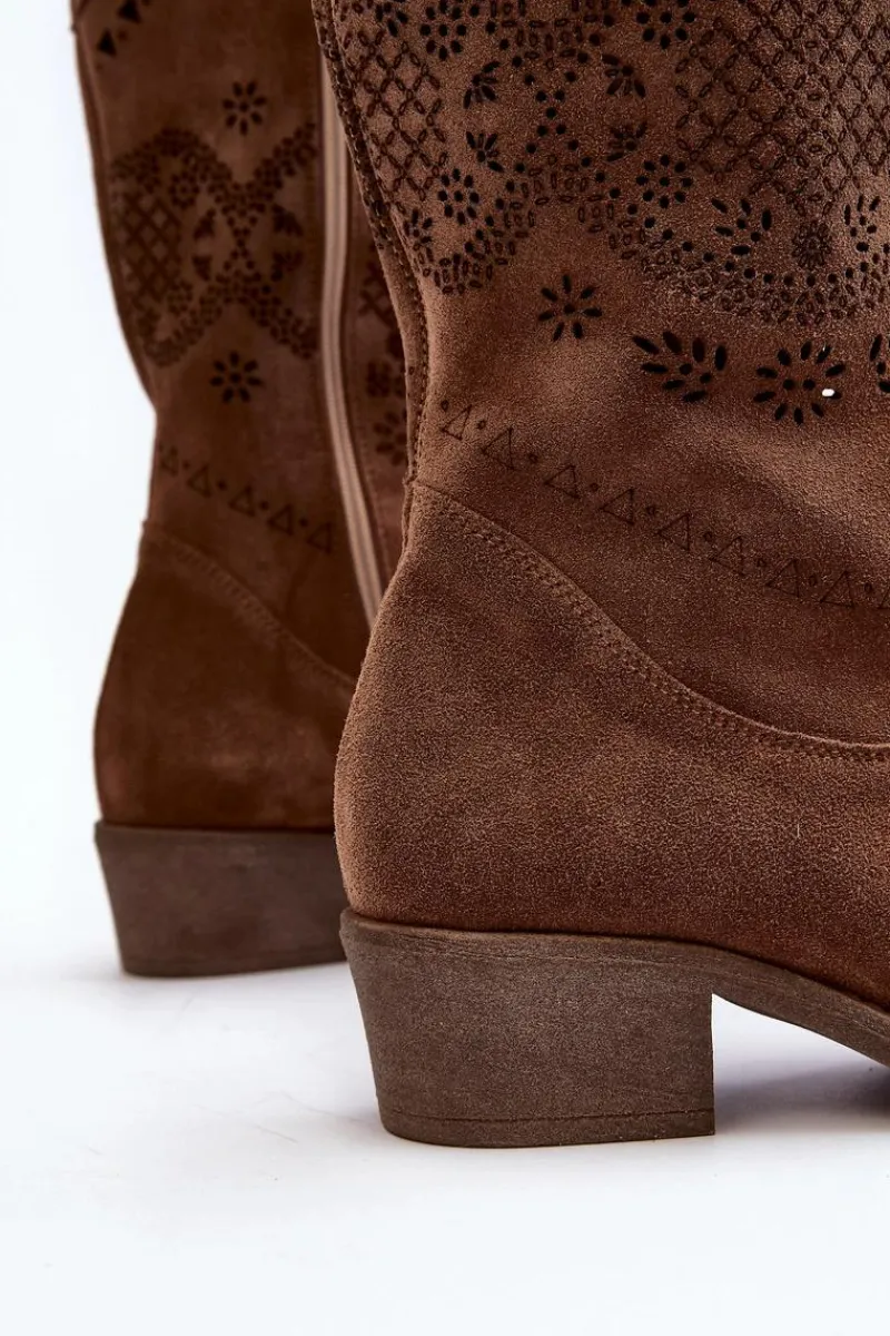 Sale 4043 Zamszowe Kozaki Na Niskim Obcasie Ażurowe Brązowe Damskie Kozaki Wiosenne|Kozaki Ażurowe