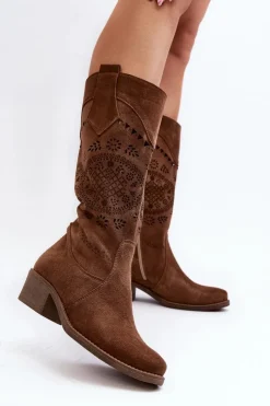 Sale 4043 Zamszowe Kozaki Na Niskim Obcasie Ażurowe Brązowe Damskie Kozaki Wiosenne|Kozaki Ażurowe