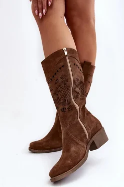 Sale 4043 Zamszowe Kozaki Na Niskim Obcasie Ażurowe Brązowe Damskie Kozaki Wiosenne|Kozaki Ażurowe